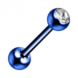 Dark Blue Anodized 316L Steel Tongue Bar Ring w/ White Strass