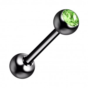 Piercing Langue Acier 316L Anodis&eacute; Noir avec Strass Vert Clair