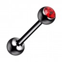 Piercing Langue Acier 316L Anodisé Noir avec Strass Rouge