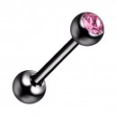 Piercing Langue Acier 316L Anodisé Noir avec Strass Rose