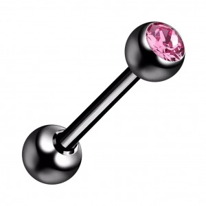 Black Anodized 316L Steel Tongue Bar Ring w/ Pink Strass
