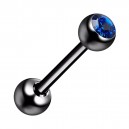 Piercing Langue Acier 316L Anodisé Noir avec Strass Bleu Foncé