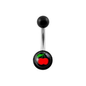 Black Acrylic Belly Bar Navel Button Ring w/ Cherries
