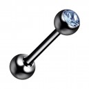 Piercing Langue Acier 316L Anodisé Noir avec Strass Bleu Clair