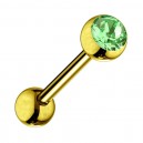 Zungenpiercing Stahl 316L Eloxiert Golden mit Strassstein Grün
