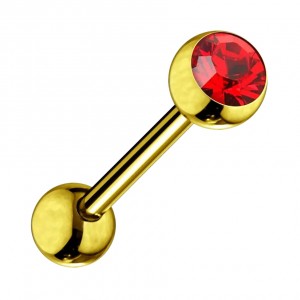 Golden Anodized 316L Steel Tongue Bar Ring w/ Red Strass