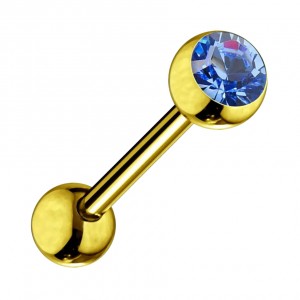 Piercing Langue Acier 316L Anodisé Doré avec Strass Bleu Clair