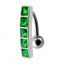 Piercing Ombligo Invertido Plata 925 Barra 5 Strass Cuadrado Verde Oscuro
