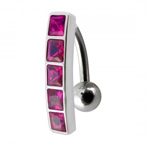 Piercing Ombligo Invertido Plata 925 Barra 5 Strass Cuadrado Rosa Oscuro