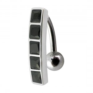 Piercing Ombligo Invertido Plata 925 Barra 5 Strass Cuadrado Negro