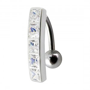 Piercing Ombligo Invertido Plata 925 Barra 5 Strass Cuadrado Blanco