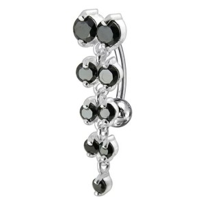 Piercing Nombril Inversé Argent 925 Dangling 9 Strass Ronds Noirs