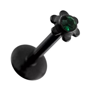 Piercing Labret Push-Fit Acier 316L Anodisé Noir Fleur Strass Vert Foncé