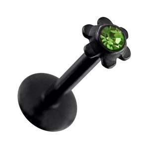 Piercing Labret Push-Fit Acier 316L Anodisé Noir Fleur Strass Vert Clair