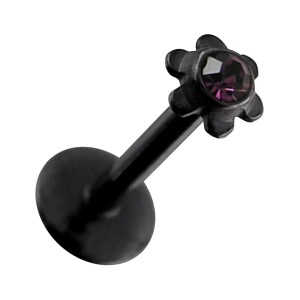 Piercing Labret Push-Fit Acier 316L Anodisé Noir Fleur Strass Violet