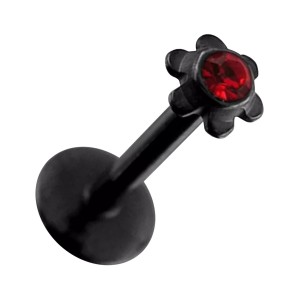 Piercing Labret Push-Fit Acier 316L Anodisé Noir Fleur Strass Rouge