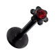 Piercing Labret Push-Fit Acier 316L Anodisé Noir Fleur Strass Rouge