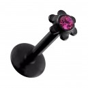 Labret-Piercing Push-Fit Stahl 316L Eloxiert Schwarz Blume Strass Rosa