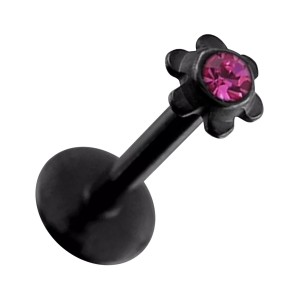 Labret-Piercing Push-Fit Stahl 316L Eloxiert Schwarz Blume Strass Rosa