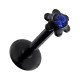 Piercing Labret Push-Fit Acier 316L Anodisé Noir Fleur Strass Bleu Foncé