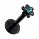 Piercing Labret Push-Fit Acier 316L Anodisé Noir Fleur Strass Turquoise