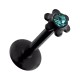 Piercing Labret Push-Fit Acier 316L Anodisé Noir Fleur Strass Turquoise