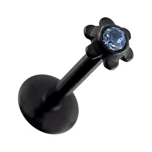 Piercing Labret Push-Fit Acier 316L Anodisé Noir Fleur Strass Bleu Clair