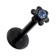 Piercing Labret Push-Fit Acier 316L Anodisé Noir Fleur Strass Bleu Clair