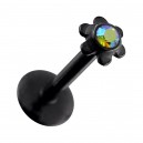 Piercing Labret Push-Fit Acier 316L Anodisé Noir Fleur Strass Multicolore
