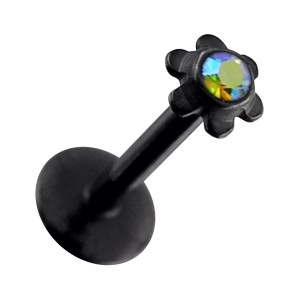 Piercing Labret Push-Fit Acier 316L Anodisé Noir Fleur Strass Multicolore