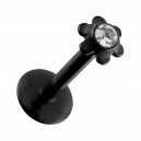 Labret-Piercing Push-Fit Stahl 316L Eloxiert Schwarz Blume Strass Weiß