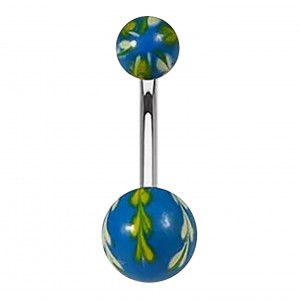 Piercing Ombligo Original Pintado Mano Follaje Verde / Blanco / Azul