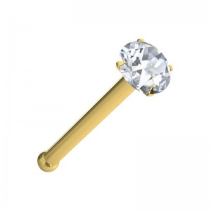 Gerader Nasenpiercing-Pin 14 Karat Gelbgold Kristallstein Weiß