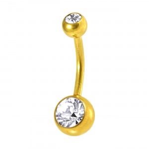 Piercing Ombligo Acero 316L Anodizado Dorado Dos Strass Blancos