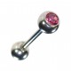 Tongue Barbell Ring w/ Pink Zirconia Stone