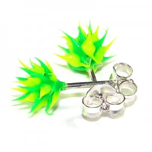 Green / Green Silver Earrings Ear Pair Studs w/ Biocompatible Silicone Spikes