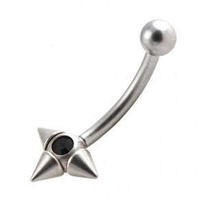 Black Strass 3 Spikes Eyebrow Curved Bar 316L Surgical Steel Ring