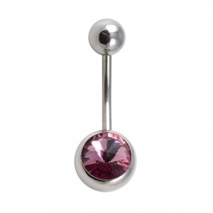 316L Steel Belly Bar Navel Button Ring w/ Mauve Strass
