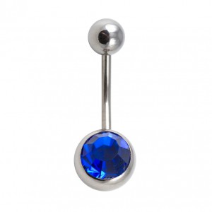 316L Steel Belly Bar Navel Button Ring w/ Navy Blue Strass