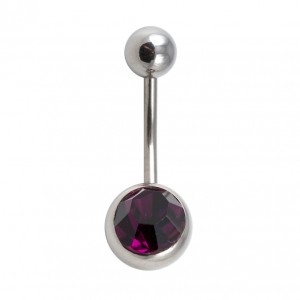 316L Steel Belly Bar Navel Button Ring w/ Purple Strass