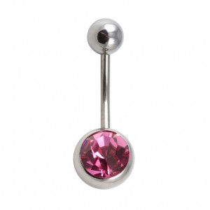 316L Steel Belly Bar Navel Button Ring w/ Pink Strass