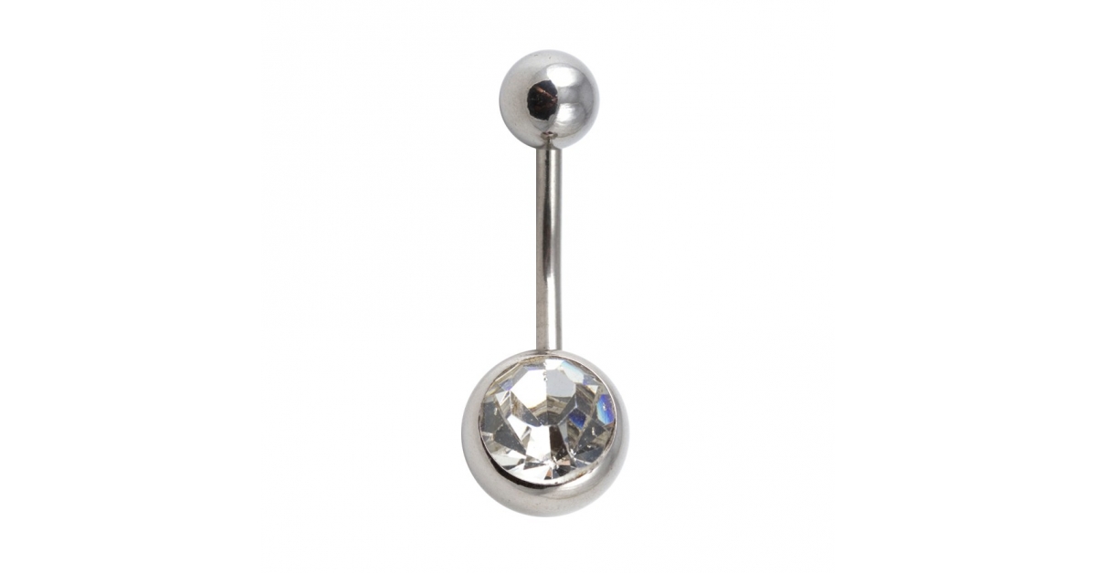 316L Steel Belly Bar Navel Button Ring w/ White Strass