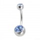 316L Steel Belly Bar Navel Button Ring w/ Two Light Blue Strass