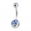 316L Steel Navel Belly Button Ring w/ Two Light Blue Strass Diamonds