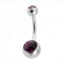 316L Steel Belly Bar Navel Button Ring w/ Two Purple Strass