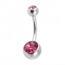316L Steel Belly Bar Navel Button Ring w/ Two Pink Strass