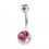 316L Steel Navel Belly Button Ring w/ Two Pink Strass Diamonds