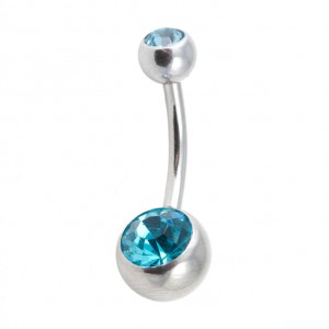 316L Steel Belly Bar Navel Button Ring w/ Two Turquoise Strass