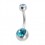 316L Steel Navel Belly Button Ring w/ Two Turquoise Strass Diamonds
