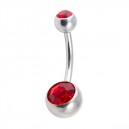 316L Steel Belly Bar Navel Button Ring w/ Two Red Strass
